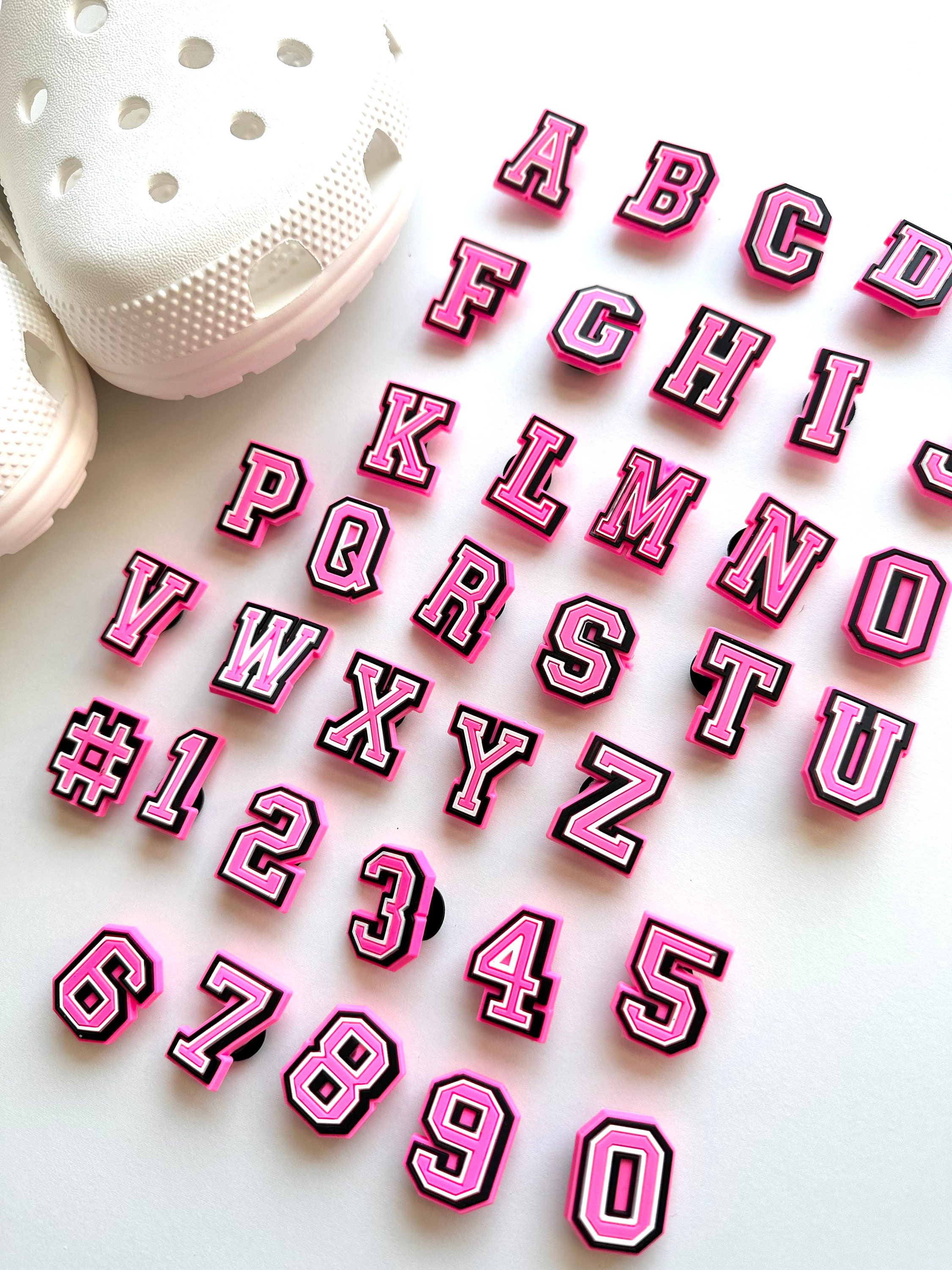 Pink Letters | Letters and Numbers Charm | Letters Clog Charms | Pink and White Letters Shoe Charm | Collegiate Font Letters Charm