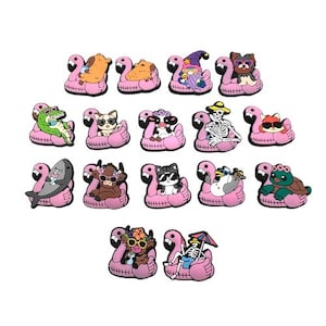 May include: A collection of colorful shoe charms featuring various animals and characters relaxing on pink flamingo pool floats. The charms include a dog, cat, alligator, skeleton, and more, all with sunglasses or hats. These charms are perfect for adding a fun, unique touch to footwear.