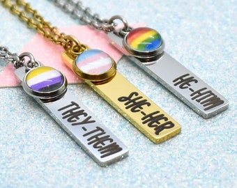 LGBT Pronoun Necklace, Customisable. Transgender, Non Binary, Gender Queer, Gender Neutral, Sparkle, Pride, Gay Pride
