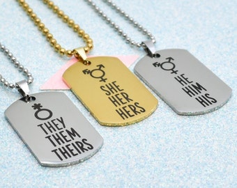 Pronoun Necklace, Tag Style LGBTQ Pronouns, Personalise with your own pronouns and symbol