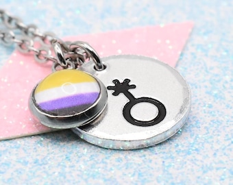 Non Binary Pride Necklace: Symbol Pendant, Custom Flag Option
