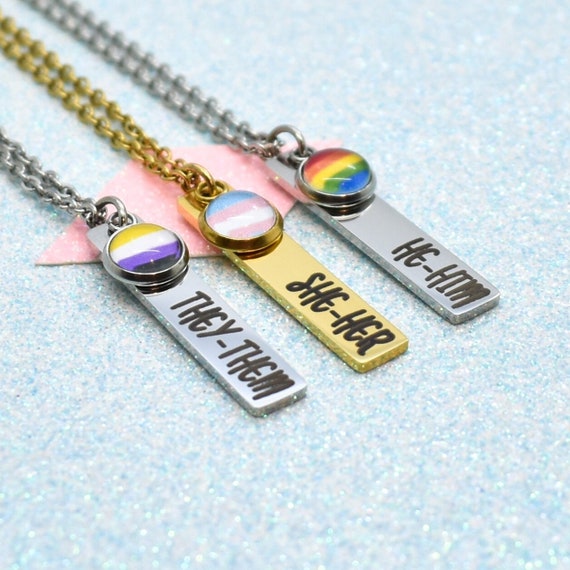 Pronoun They Them Bar Necklace LGBTQ Non-binary Jewelry - Etsy | Bar  necklace, Keep jewelry, Stainless steel curb chain