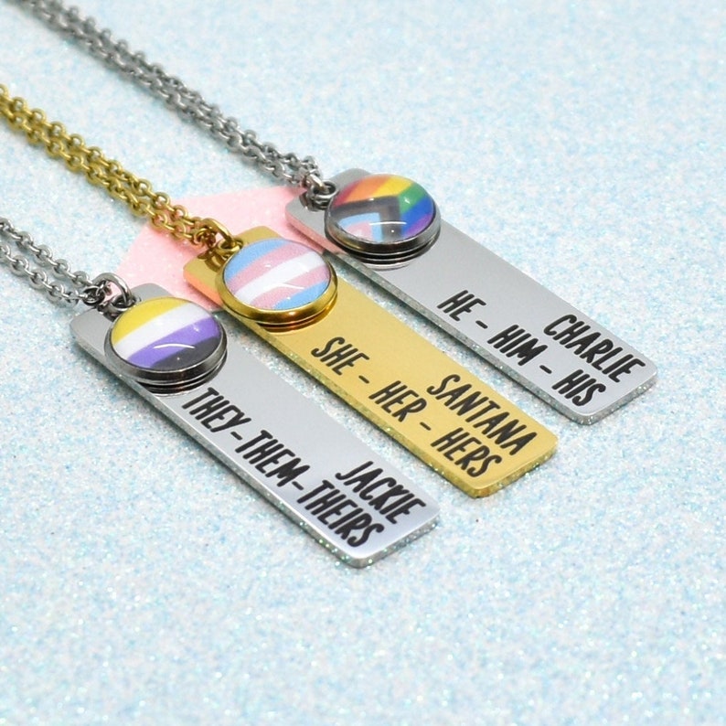 LGBT Identity Pronoun Necklace, Transgender, Gender Queer, Non Binary, Gender Fluid image 1