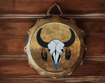 Buffalo Skull Hide Drum 2 Sided Hand Painted c. 1998