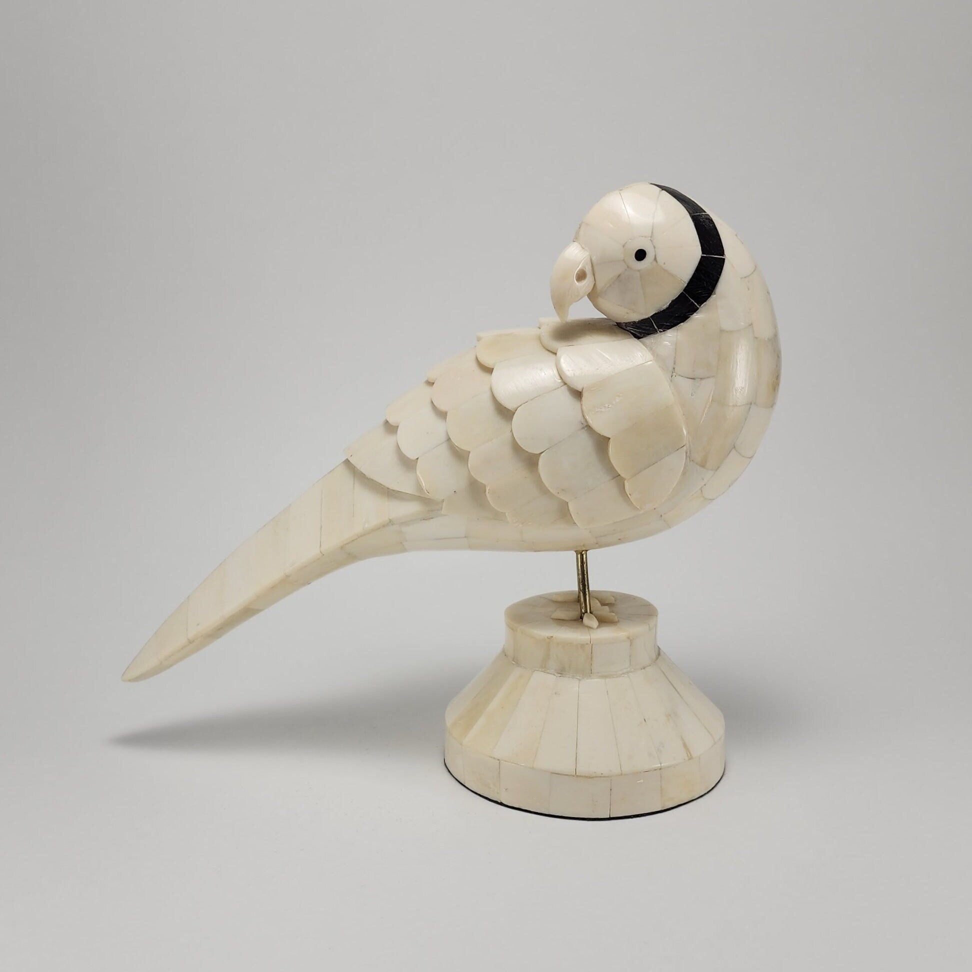 Parrot Figurine Bone Inlay Hand Carved Asian Artisan