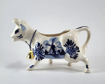 Delft Blue Porcelain Cow Creamer Hand Painted Windmill Scene Working Bell