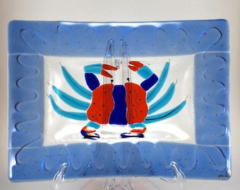 Fused Art Glass Plate Crab Depiction Signed LB '99