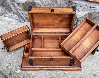 Secret compartment jewelry box with trays and drawers 100% handmade in Italy with old wood