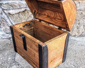 Rustic Wooden Treasure Chest Box with Hinged Lid – Vintage Style Storage Trunk, Pirate Chest, Keepsake or Gift Box