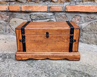 Hidden compartment jewelry chest with tray and drawers , handmade in Italy with old wood and iron , vintage jewelry box retro'