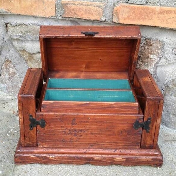 Commode en bois avec tiroirs, plateau amovible et compartiment secret, boîte avec compartiment caché, porte bijoux ancien en bois