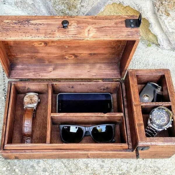 Personalized men's valet box , wooden watch box , rustic jewelry box , gift for him .