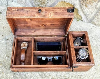 Personalized men's valet box , wooden watch box , rustic jewelry box , gift for him .