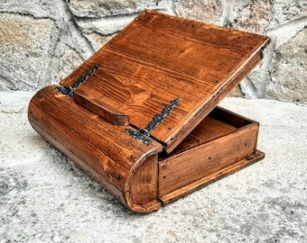 Caja para libros hecha a mano en Italia con madera antigua, caja para Biblia con cajón en color nogal