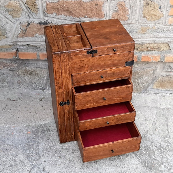 Hidden storage furniture , chest of drawers with hidden compartment made  in Italy with old wood , reclaimed wood box with drawers
