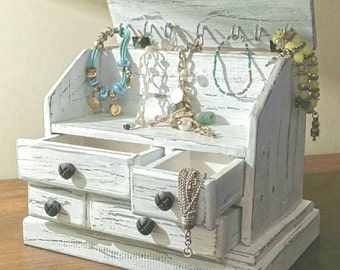 wooden jewelry box ,shabby chic box whit dravers white jewelry holder