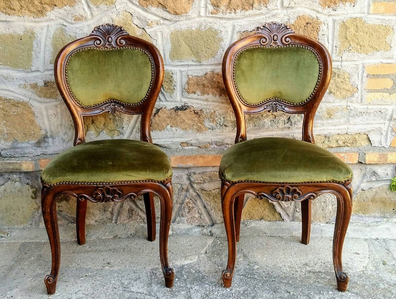 Pair Of Chairs Padded Green Velvet And Wood Vintage 60 Classic Chairs