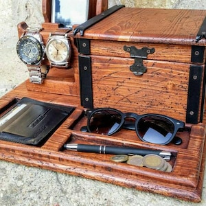 Mens valet tray with box handcrafted in Italy  from old wood , premium quality docking station  , watch holder , prestigious gift for man