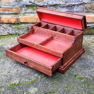 Caja para relojes, carteras, teléfonos hecha a mano en Italia, caja de madera y hierro con cajón y compartimentos para relojes.