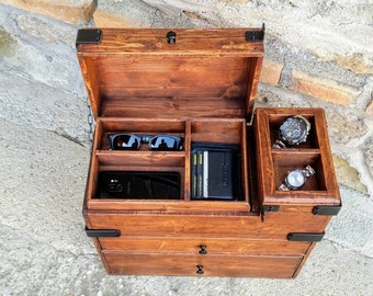 Hidden storage Valet box with drawers and trays made in Italy, secret compartment box, jewelry box with hidden compartment
