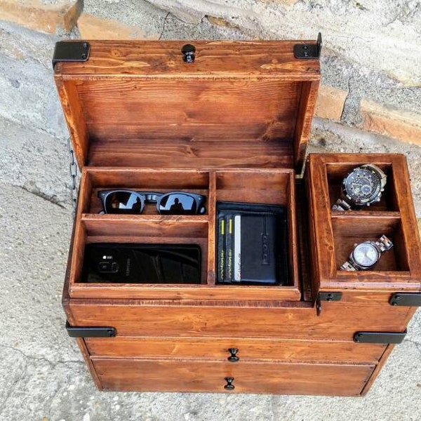 Boîte de rangement fabriquée à la main en Italie, commode avec compartiment secret, bois de récupération de style rustique, compartiment caché