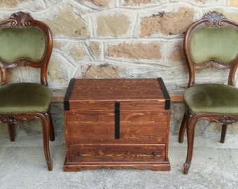 wooden trunk with tray and drawer , reclaimed wood and iron trunk , 100% handmade Italian trunk ,   blanket chest solid wood .