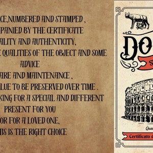 May include: Vintage-style advertisement with text in black on a tan background. The text describes the quality and authenticity of the product. The Doreali Studio logo is displayed with an illustration of the Colosseum.