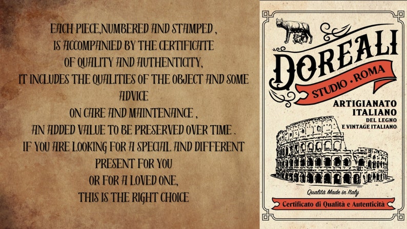May include: Vintage-style advertisement with text in black on a tan background. The text describes the quality and authenticity of the product. The Doreali Studio logo is displayed with an illustration of the Colosseum.