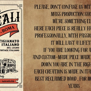 May include: A vintage-style advertisement for Doreali Studio Roma, a handcrafted wood furniture company. The ad features a drawing of the Colosseum and the text "PLEASE, DON'T CONFUSE US WITH THE USUAL MASS PRODUCTION SHOPS, WE'RE SOMETHING ELSE... HERE EACH PIECE IS REALLY HANDCRAFTED, PROFESSIONALLY, WITH PASSION AND LOVE, IT WILL LAST A LIFETIME. IF YOU ARE LOOKING FOR A UNIQUE AND CUSTOM-MADE PIECE MADE TO BE PASSED DOWN YOU ARE IN THE RIGHT PLACE. EACH CREATION IS MADE IN ITALY WITH THE BEST RECLAIMED WOOD, FOR MORE THAN 80 YEARS."