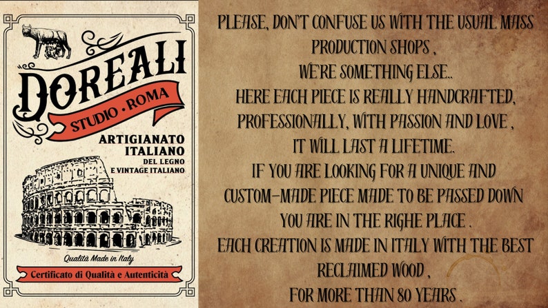 May include: A vintage-style sign with the text "Doreali Studio Roma" and Italian text. The sign features illustrations of the Colosseum and a wolf with two babies. The text on the sign says the products are handcrafted in Italy.
