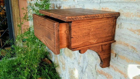 Estante de madera con cajón extraíble, estante rústico en madera recuperada  hecho a mano en Italia, estante con cajón -  España