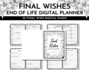 Agenda numérique de fin de vie de Final Wishes | Dernières volontés et testament | Souhaits funéraires | Nécrologie | 8,5 x 11 | Lettre | Téléchargement numérique