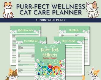 Planificateur de soins bien-être pour chats Purr-fect | Informations sur les chats | Draps vétérinaires pour chats | Journal d'informations sur les chats | 8,5 x 11 | Lettre | Téléchargement numérique
