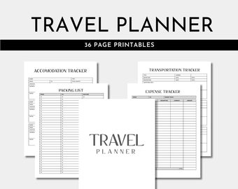 Travel Planner Black and White | Travel Expense Tracker | Trip Accommodation Transportation Tracker | Travel Itinerary Overview | 8.5 x 11