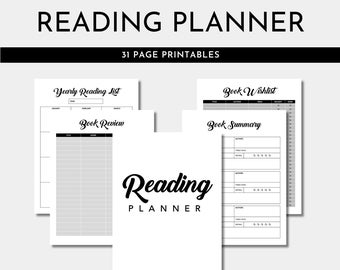 Reading Planner Black and White | Reading Book Tracker | Book Review Summary | Book Wishlist | Reading Log | Reading List | 8.5 x 11