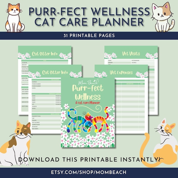 Purr-fect Wellness Cat Care Planner | Pet Cat Information | Cat Vet Sheets | Cat Information Log | 8.5 x 11 | Letter | Digital Download