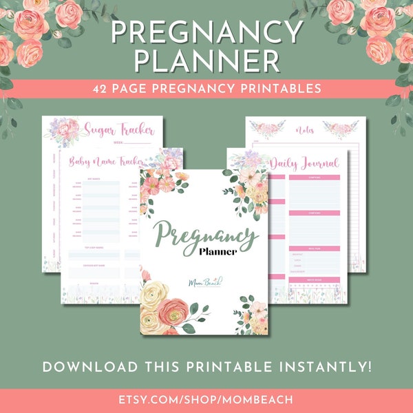 Pregnancy Planner | Daily Journal | Nursery Ideas | Baby Shower | Kick Count Log | Feeding Log | 8.5 x 11 | Letter | Digital Download