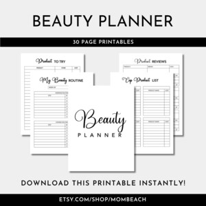 Planificador de Belleza Blanco y Negro / Piel Cara Cabello Cuidado de Belleza / Rutina de Productos de Belleza / Revisión de Lista de Productos / 8.5 x 11 / Carta