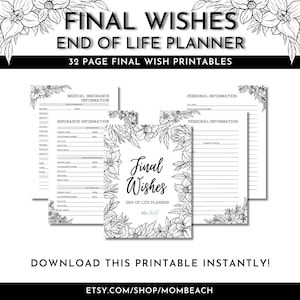 Deseos Finales Planificador de Fin de Vida / Última Voluntad y Testamento / Deseos Funerarios / Obituario / 8.5 x 11 / Carta / Descarga Digital / Canción del Cisne
