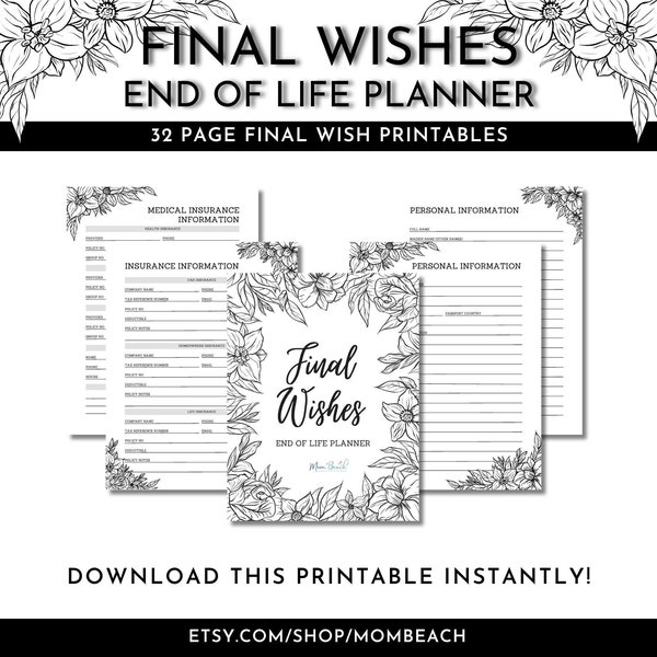 Final Wishes End of Life Planner | Last Will and Testament | Funeral Wishes | Obituary | 8.5 x 11 | Letter | Digital Download | Swan Song