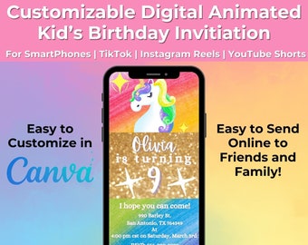 Invitation d'anniversaire animée numérique personnalisable | Téléphones intelligents | TikTok | Bobines Instagram