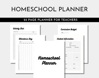 Homeschool Planner Black and White | Attendance Log | Student Information | Daily Weekly Monthly | 8.5 x 11 | Letter | Digital Download