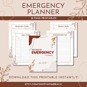 Może przedstawiać: Drukowany plan awaryjny z brązowym i białym wzorem kwiatowym. Planer zawiera strony do śledzenia menstruacji, śledzenia leków, śledzenia cukru i listę kontaktów medycznych. Tekst "W PRZYPADKU AWARYJNYM PLANER" znajduje się na okładce.