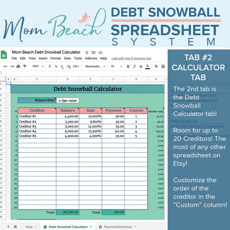 debt-snowball-calculator-spreadsheet-google-sheets-debt-etsy