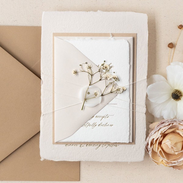 Invitaciones de boda con lámina dorada / MUESTRAS / Sello de lacre, elegantes invitaciones de papel hechas a mano, invitación formal, borde desbarbado, caligrafía