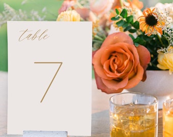 Tafelnummers bruiloft • 5 x 7" dubbelzijdig bedrukte tafelnummers, elegante tafelnummers, tafelborden bruiloft, cursieve tafelnummers