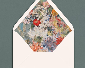 Bright Painted Floral Envelope Liner • Colorful liners, painterly antique art, Preprinted envelope liner template, Invitation Envelope liner