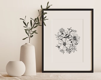 Black and White Flower Illustration | DIGITAL DOWNLOAD | Floral Print | Modern Printable Wall Art | Line Drawing | Botanical Illustration