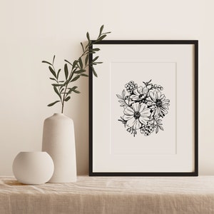 Black and White Flower Illustration | DIGITAL DOWNLOAD | Floral Print | Modern Printable Wall Art | Line Drawing | Botanical Illustration