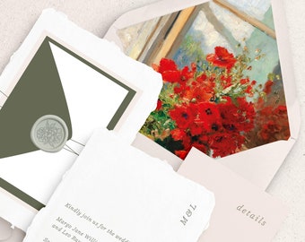 Floral Vase Envelope Liner • Colorful liners, painterly antique art, Preprinted envelope liner template, Invitation liner, printed invites